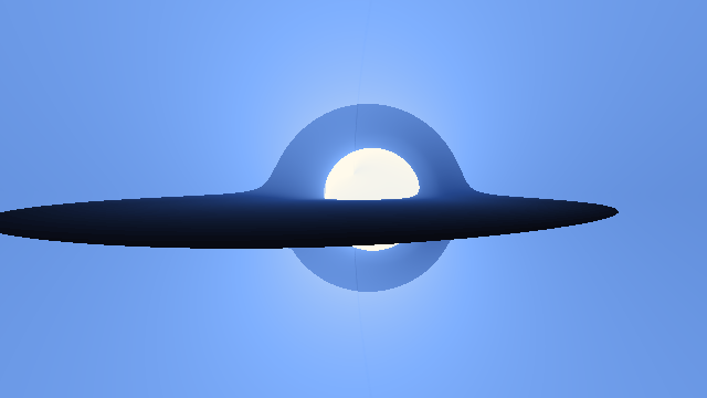 Steps each ray takes for one frame: the near disk is dark (about 10 steps), the sky mid blue (about 260), the shadow bright (over 1,000)