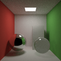 The same moving spheres with sampled indirect lighting, rendered by the path tracer